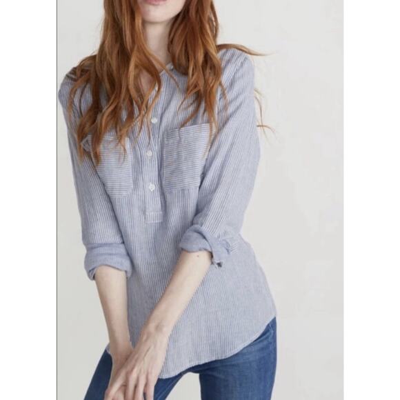 Marine Layer Tops - Marine Layer Womens Popover Top Medium blue White Long Sleeve nautical vacation